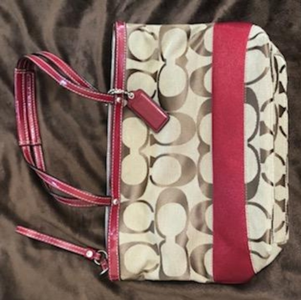 * SOLD * Coach Signature Pink Brown Stripe Purse Bag